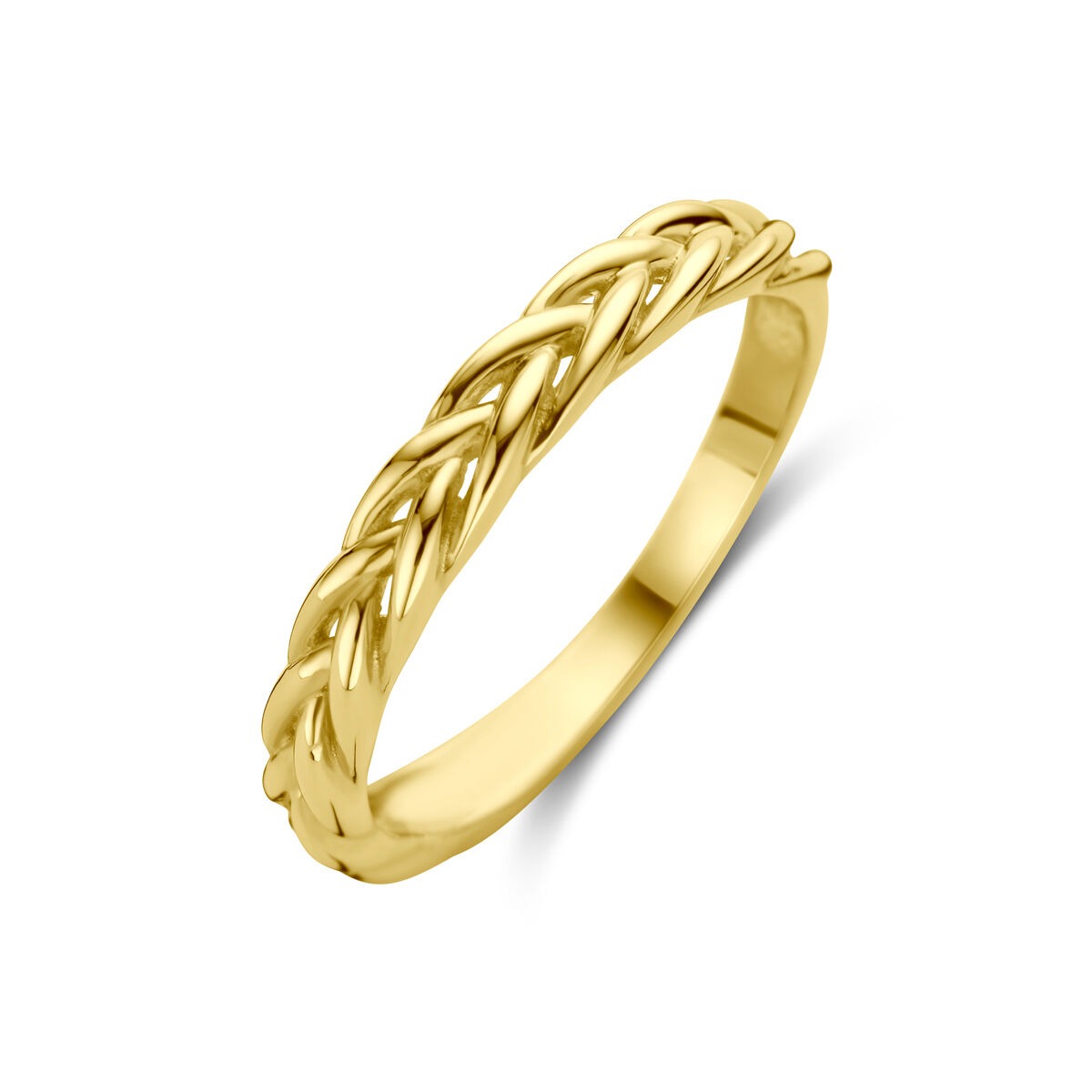 Anillo de dama en color dorado de 9k con diseño trenzado, elegante y atemporal.
