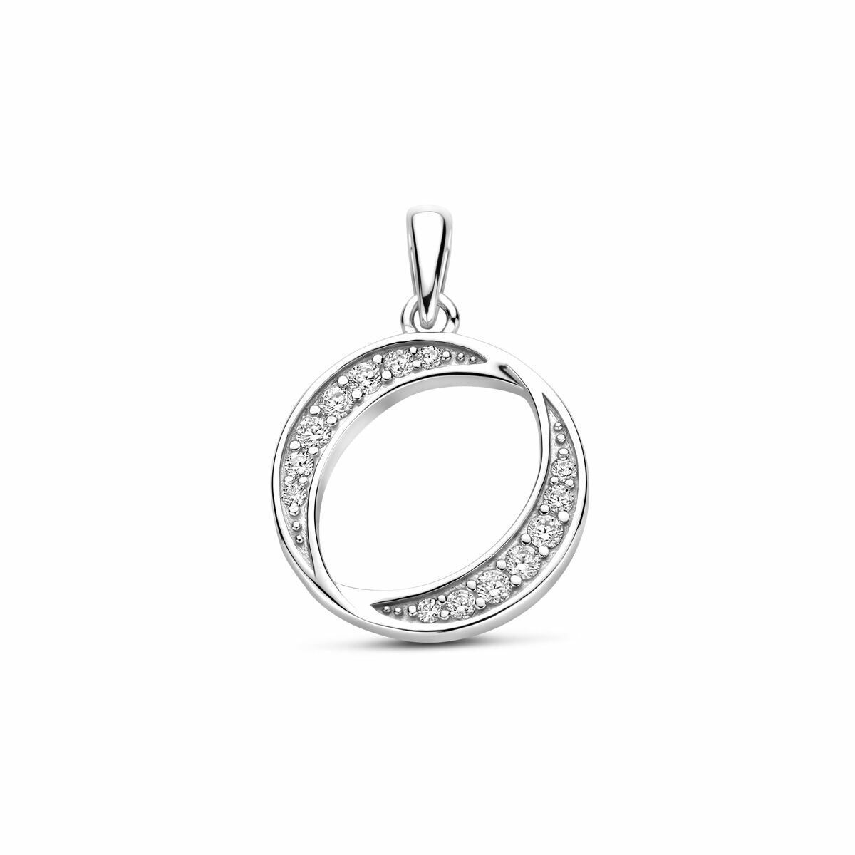 Colgante de plata rodiada de 23 mm con zircón en un diseño circular.