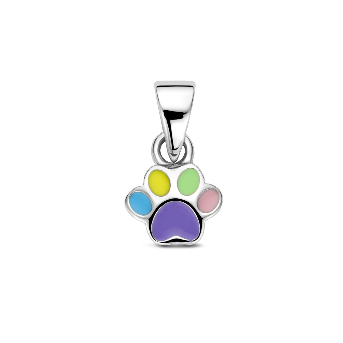 Colgante de plata de ley 925 con esmalte en forma de huella de perro, detalles en colores pastel.