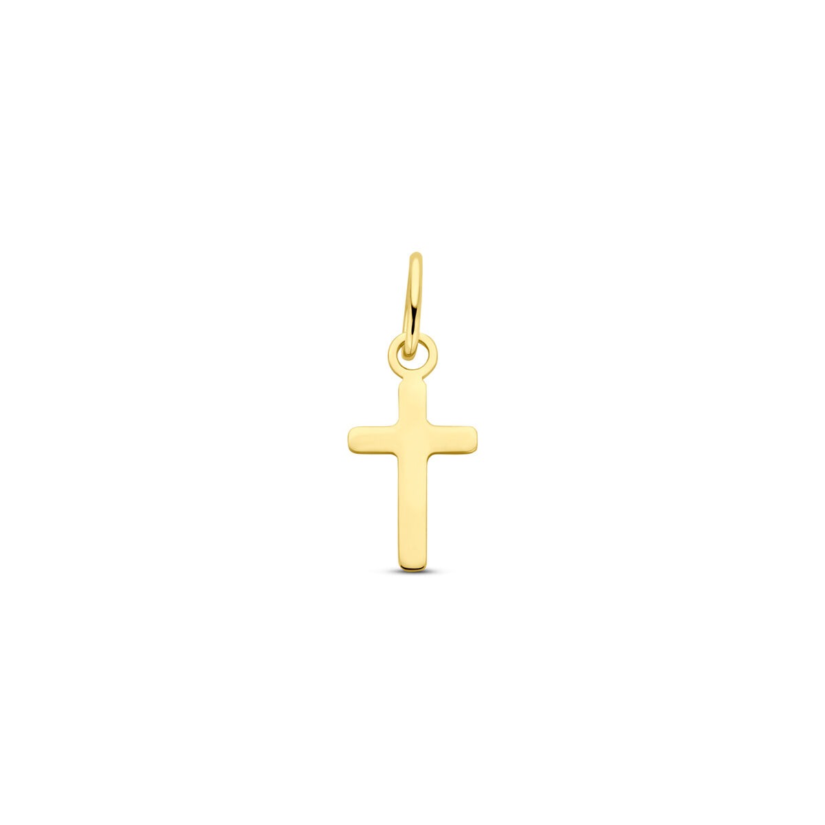 Colgante en forma de cruz de oro amarillo de 14 quilates, de 14 mm de altura.