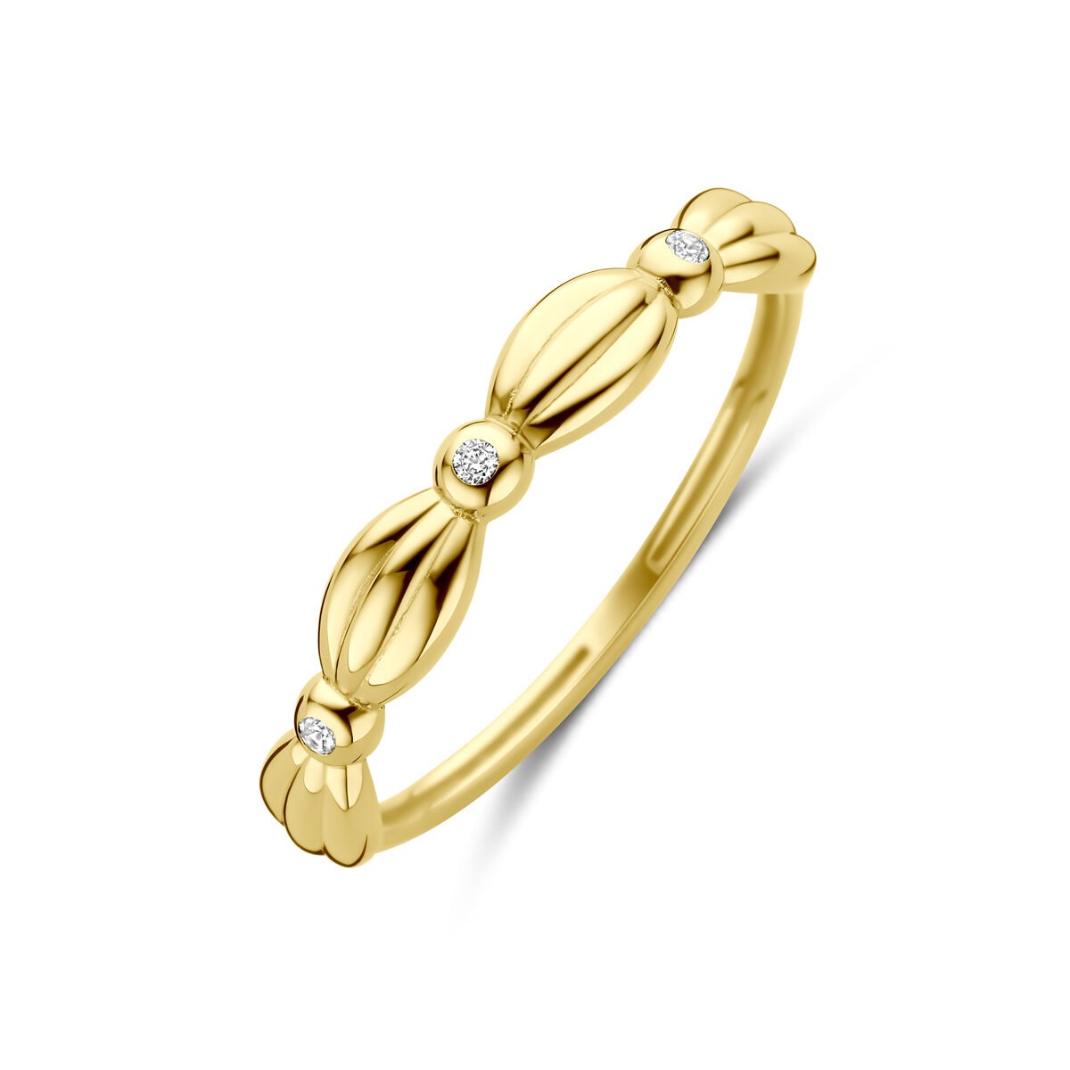 Anillo de dama en oro amarillo de 14k con tres circonitas brillantes.