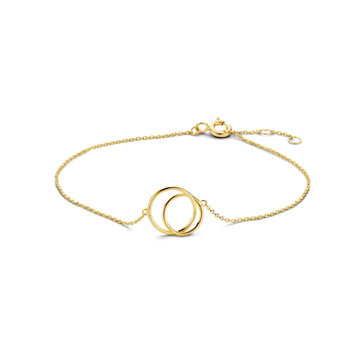 Pulsera ajustable de color dorado con dos aros entrelazados.