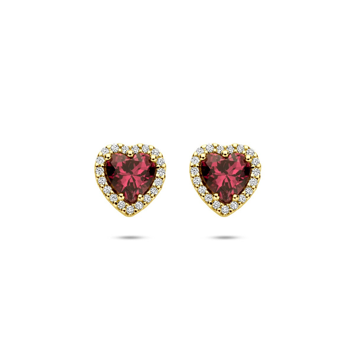 Pendientes de botón en oro amarillo de 14k con corazón de rodolita y diamante - 0.10ct
