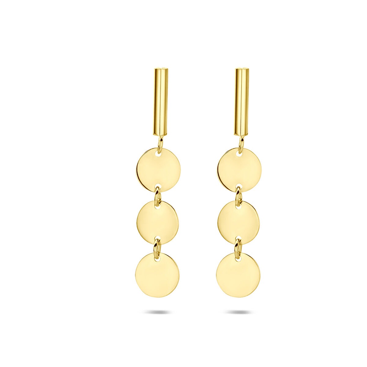 Pendientes largos de oro amarillo con tres discos colgantes.
