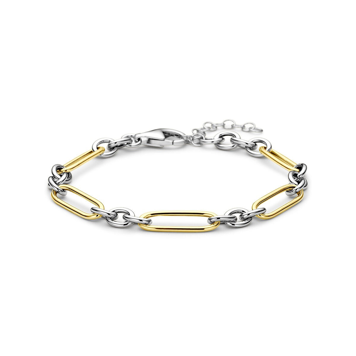 Pulsera de ancla de plata 925, con eslabones dorados y plateados, acabado brillante.