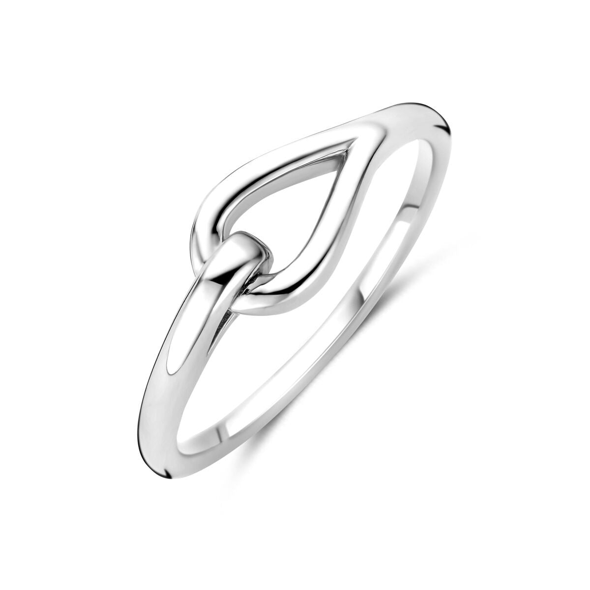 Anillo de dama plateado con diseño de banda y forma de gota, acabado pulido.