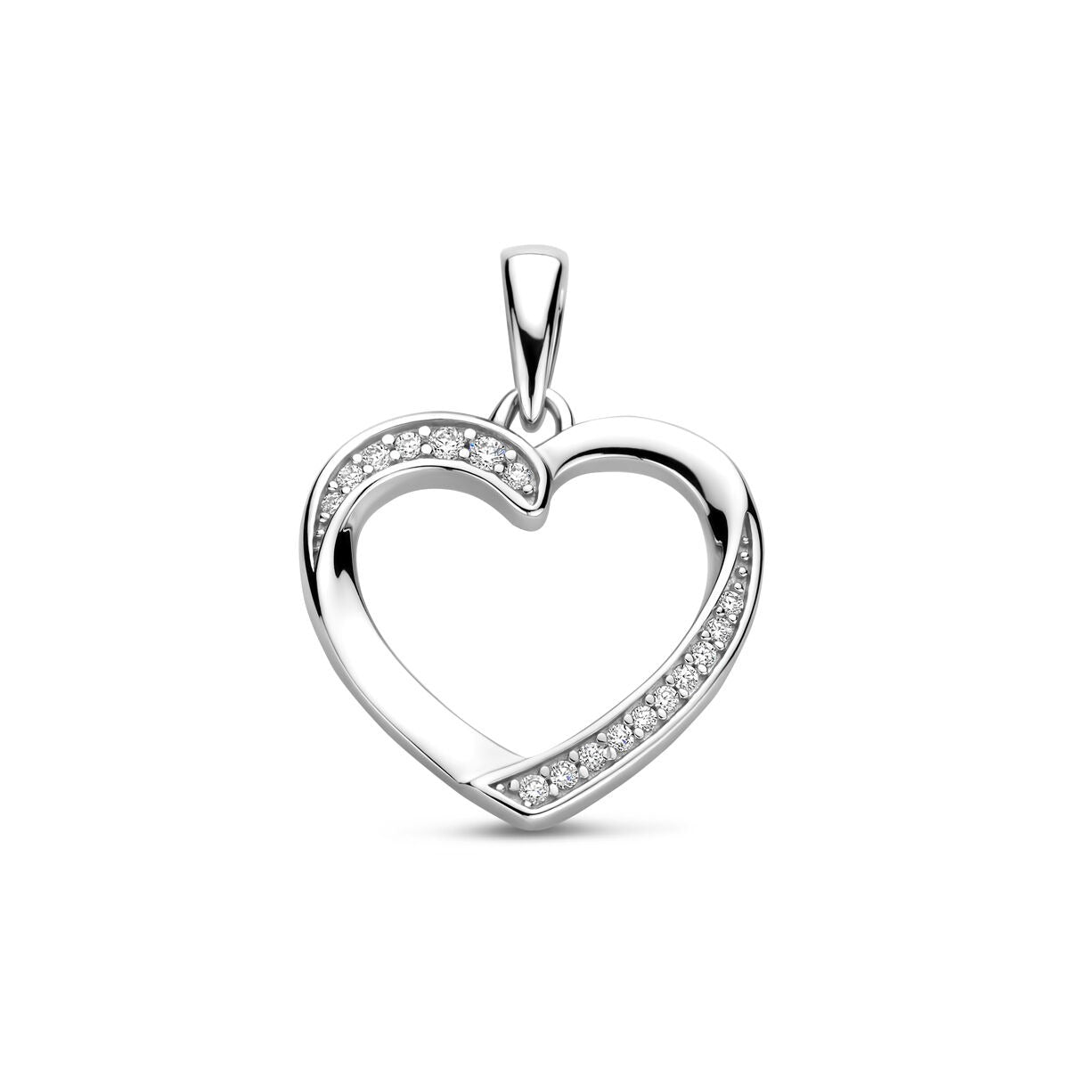 Colgante en forma de corazón plateado con zircón, 21 mm, acabado rodiado.