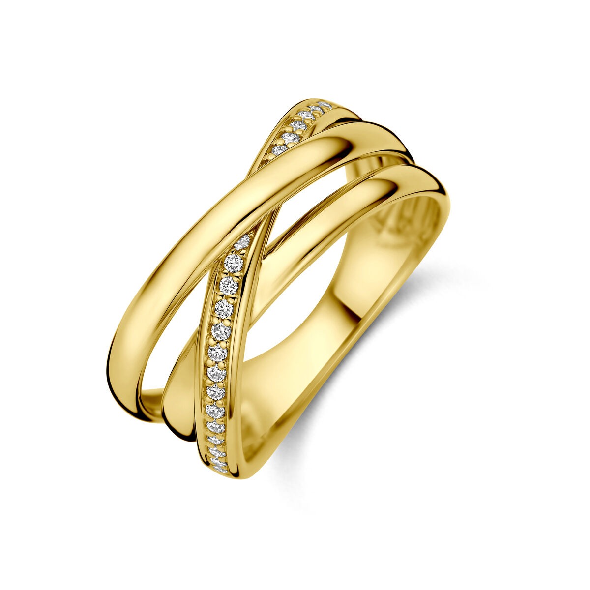 Anillo de alianza en oro amarillo de 14k con diamantes de 0,15 ct, diseño entrelazado.