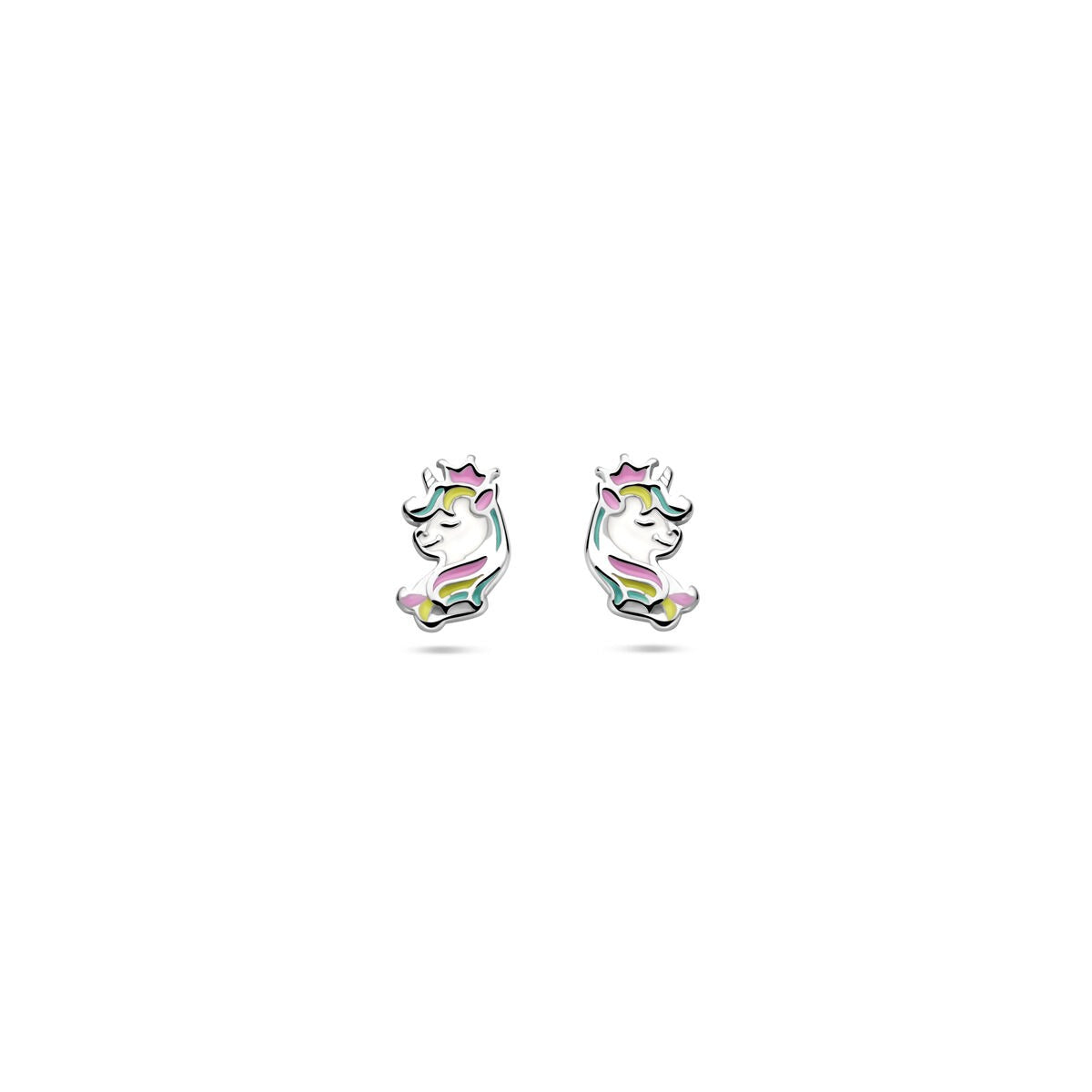 Pendientes de unicornio plateados, con acabado rodiado y detalles de colores.
