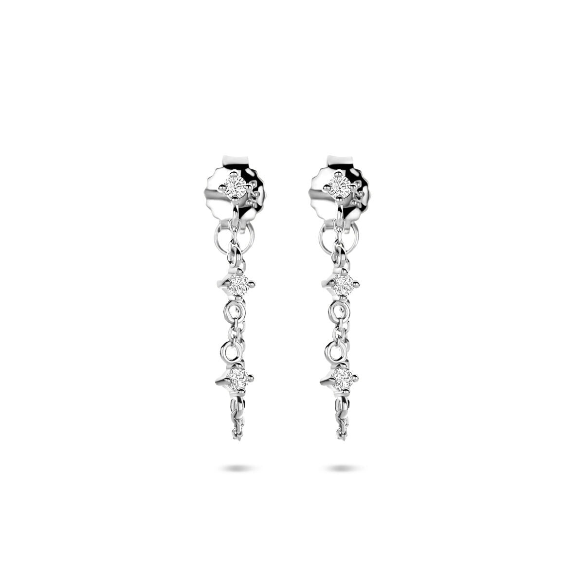 Pendientes largos de plata rodiada con circonitas, diseño delicado y brillante.