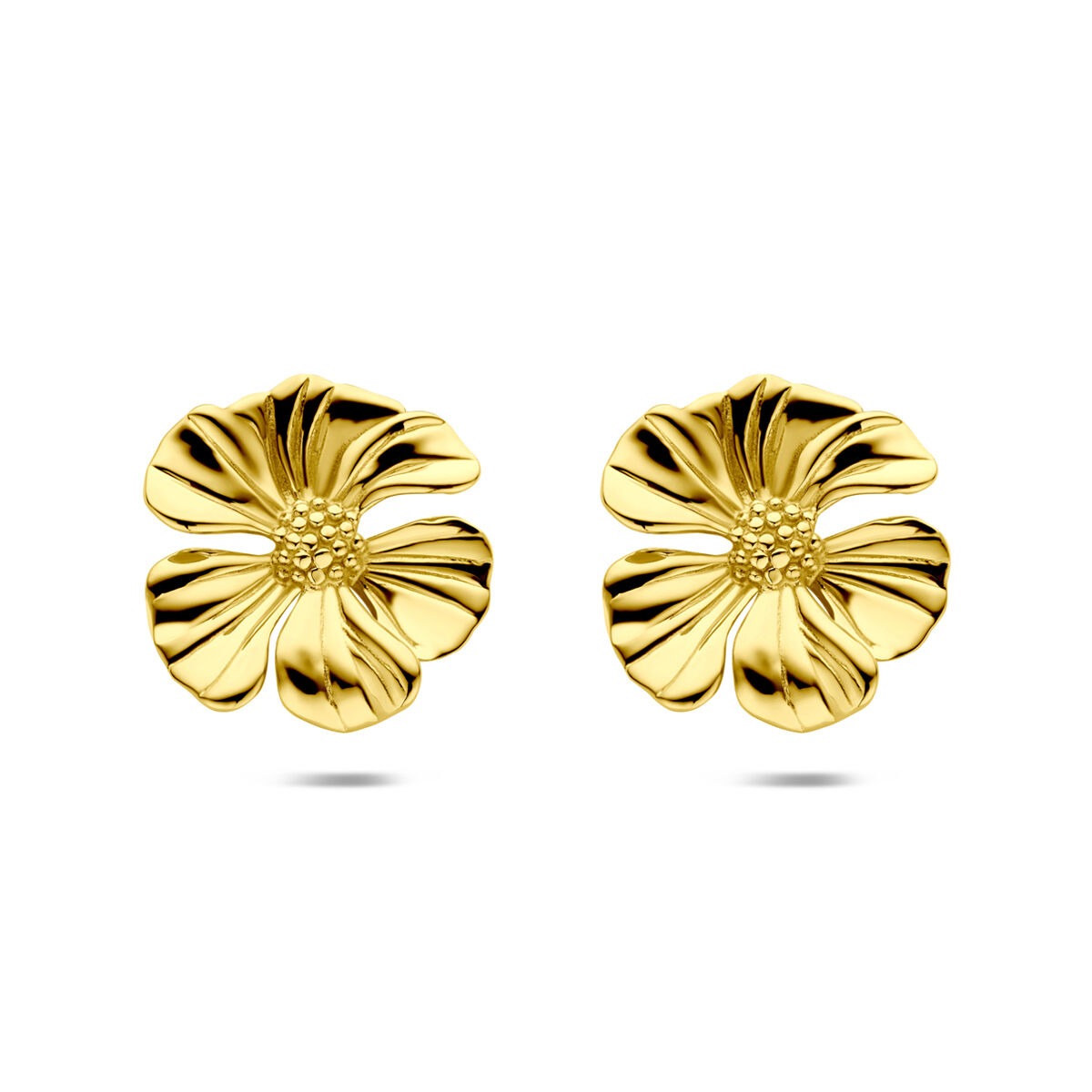 Pendientes de flor dorados de acero, con un diseño de 26 mm y detalles en relieve.