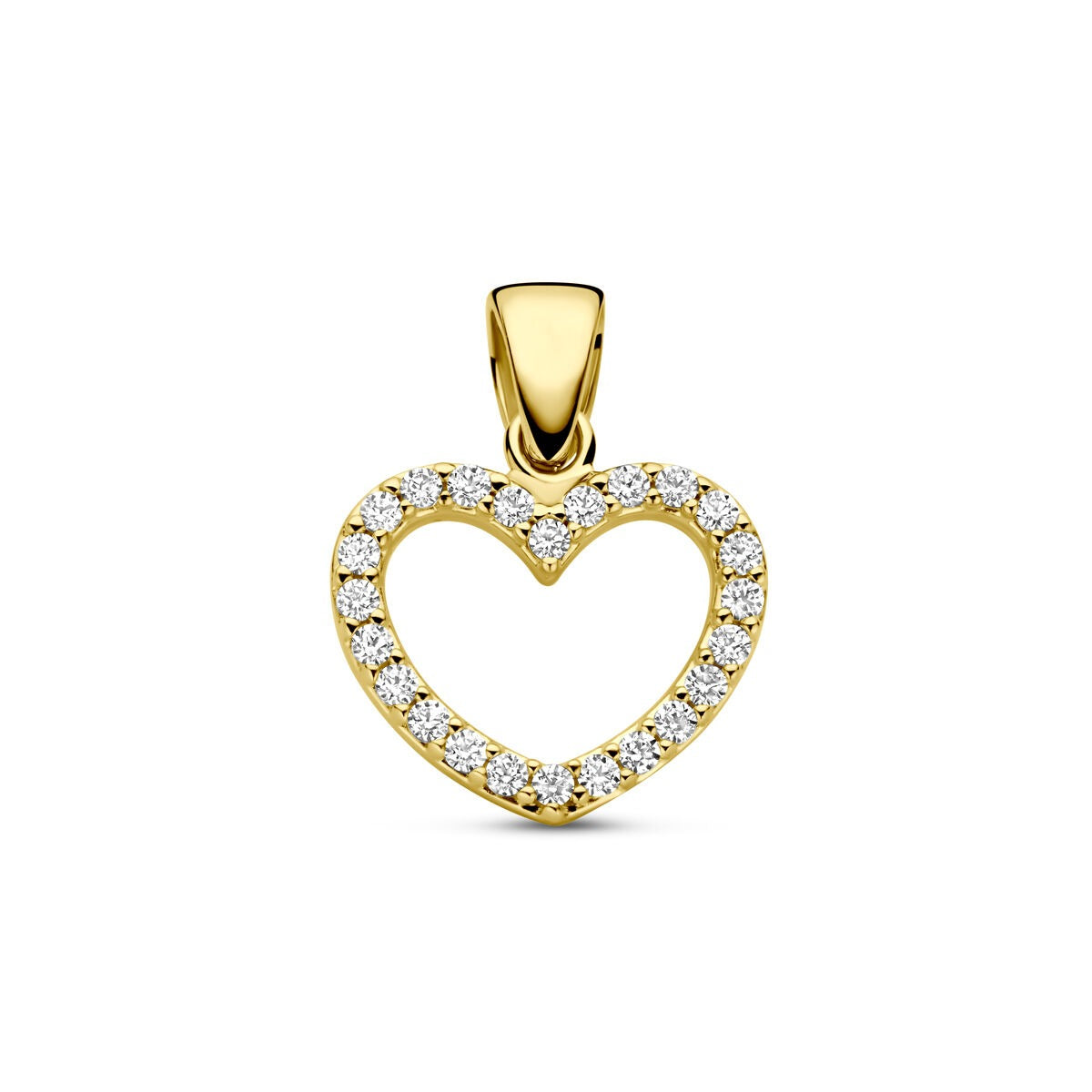 Colgante de corazón en oro amarillo de 14k con circonitas brillantes.
