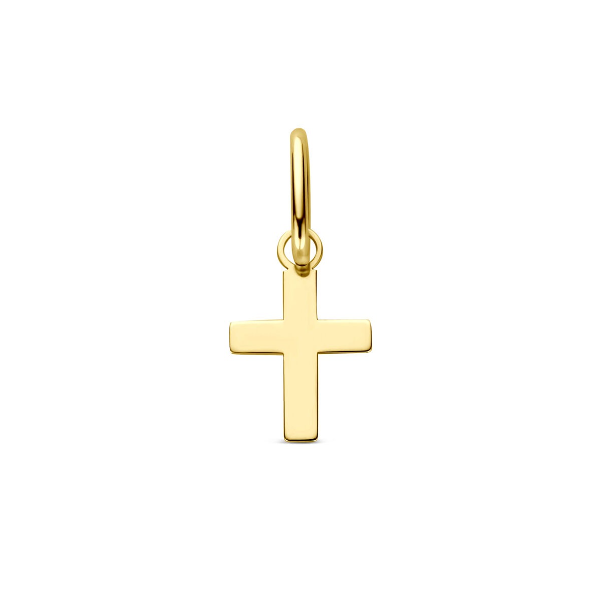 Colgante de cruz en oro amarillo de 14 quilates, acabado pulido y diseño simple.