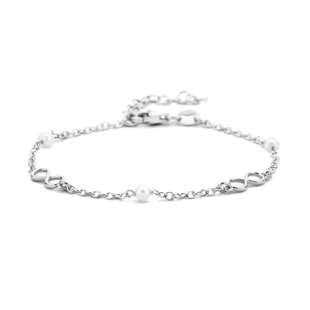 Pulsera de amistad plateada con perlas y colgante de infinito en plata 925 rodiada.
