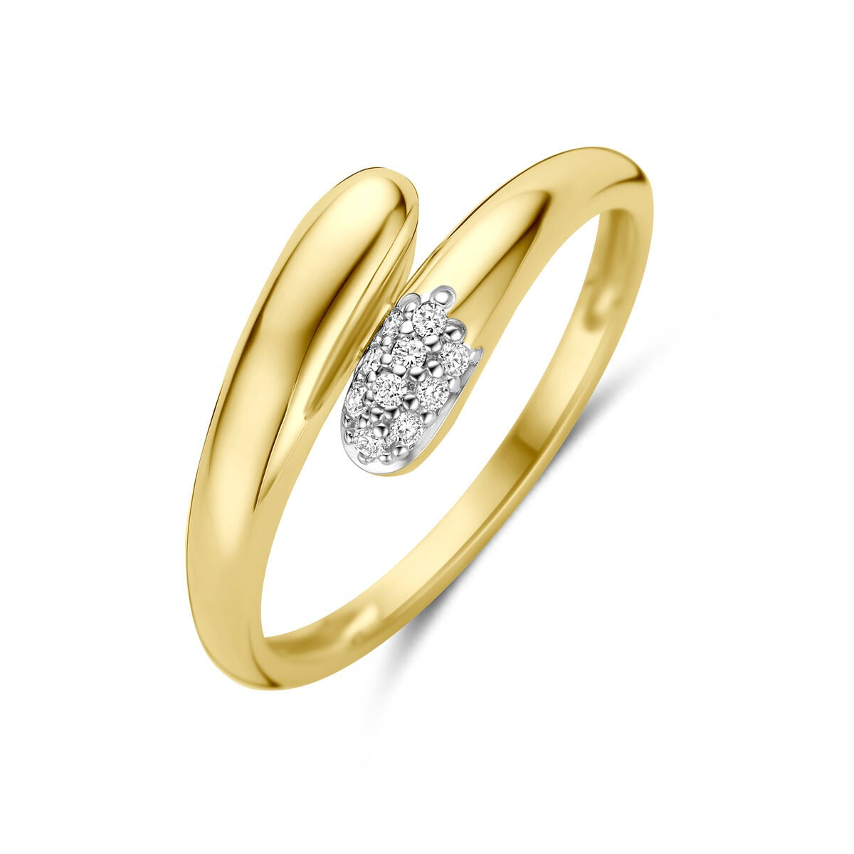 Anillo de oro amarillo de 14k con diamantes brillantes en un diseño moderno.