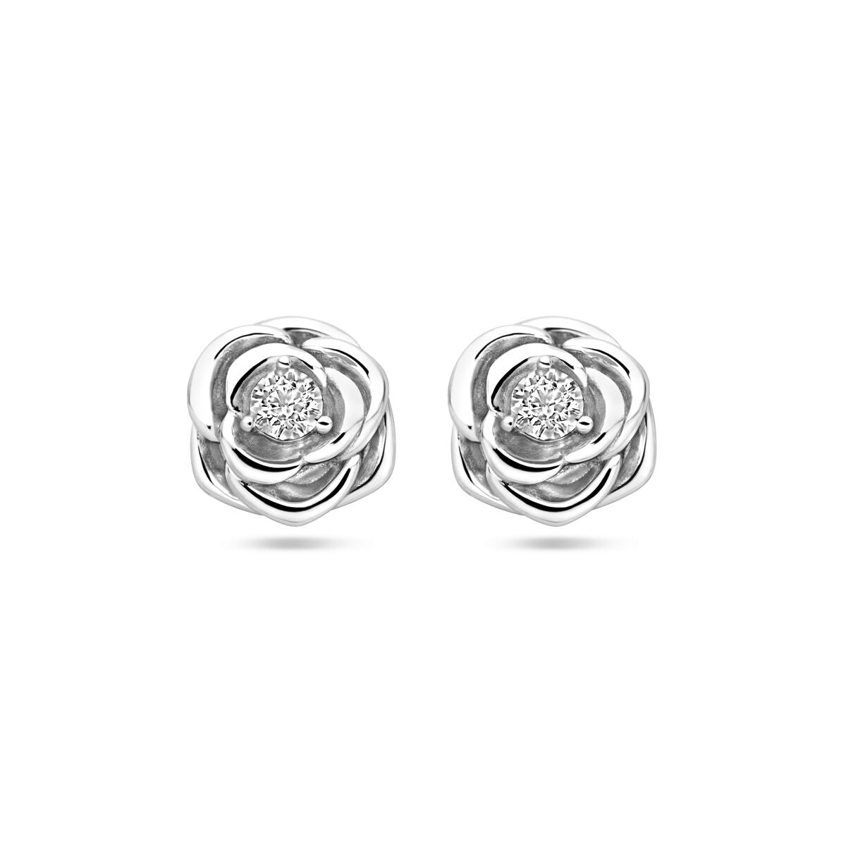 Pendientes de rosa plateados con circonitas en el centro.