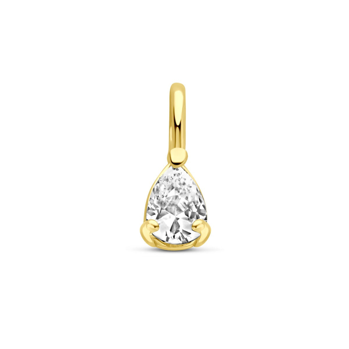 Colgante de oro amarillo de 14k con zircón tallado en forma de pera, mide 8,5 x 3,5 mm.