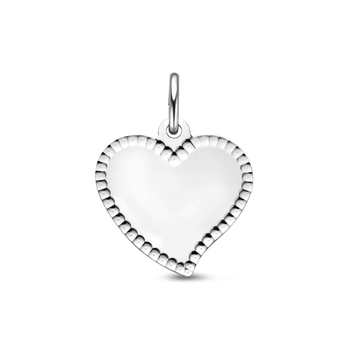 Colgante en forma de corazón de plata 925, con acabado rodiado y borde estriado.