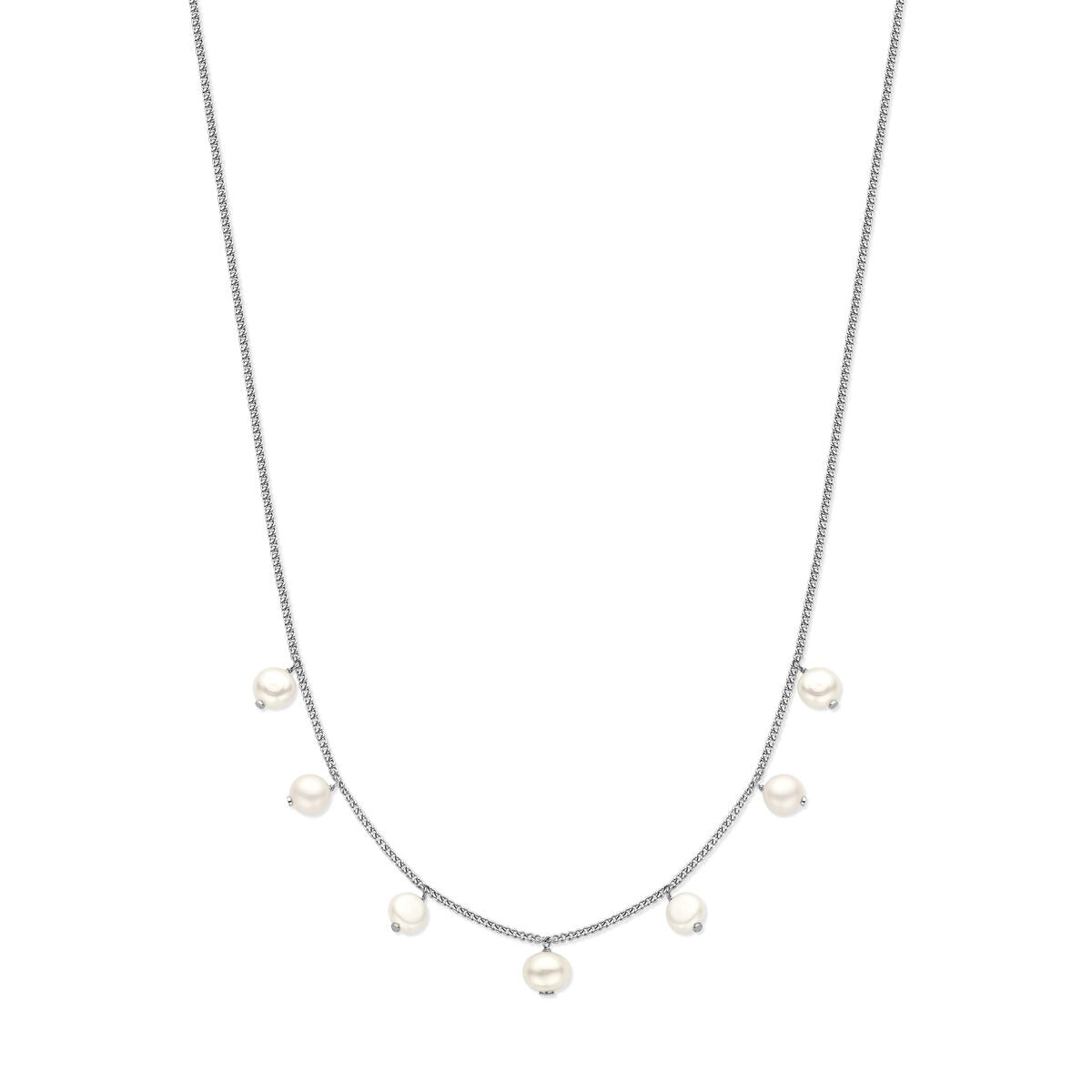 Collar de plata rodiada con perlas blancas, de diseño delicado y forma curva.