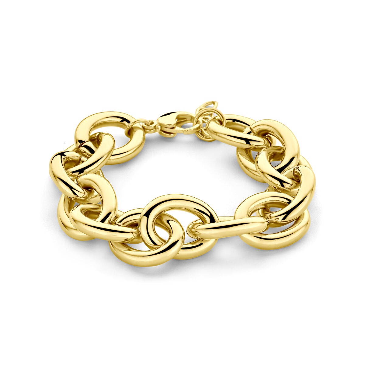 Pulsera de acero color dorado con eslabones en forma de ancla y alargador.
