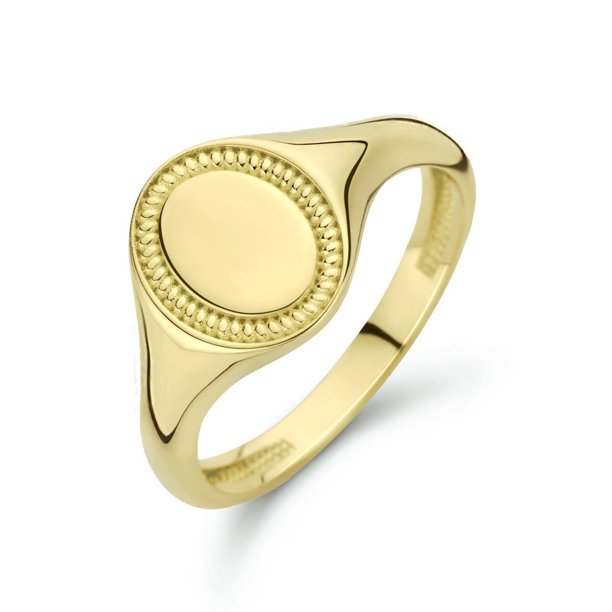 Anillo de sello ovalado en oro amarillo de 9 quilates con detalle de perlas.