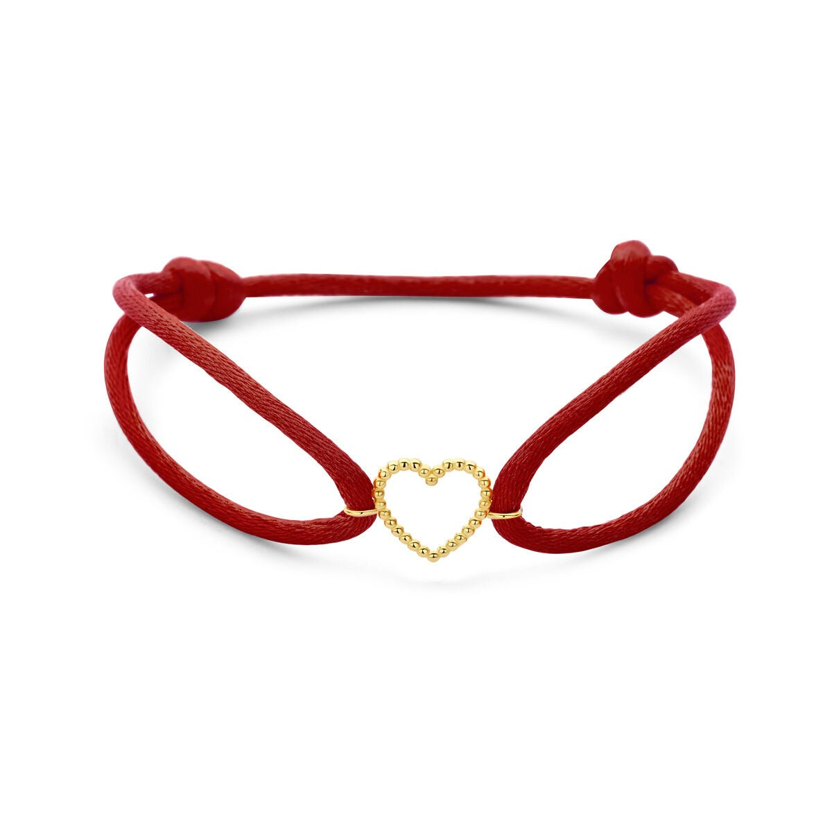 Pulsera de satén rojo con un corazón dorado de 14k, símbolo de amor en oro y rojo.