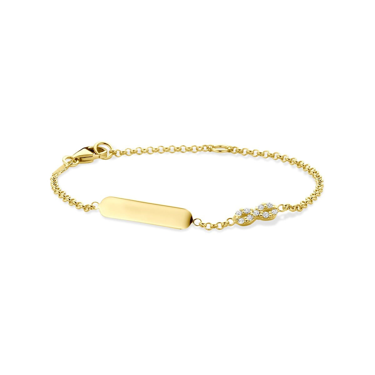 Pulsera de oro amarillo de 14k con grabado, símbolo de infinito y circonitas.