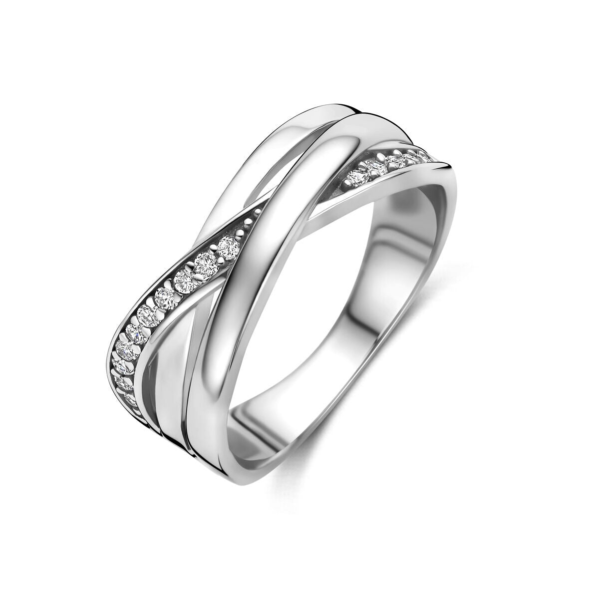 Anillo de plata 925 rodiada con zirconitas, diseño entrelazado y acabado brillante.