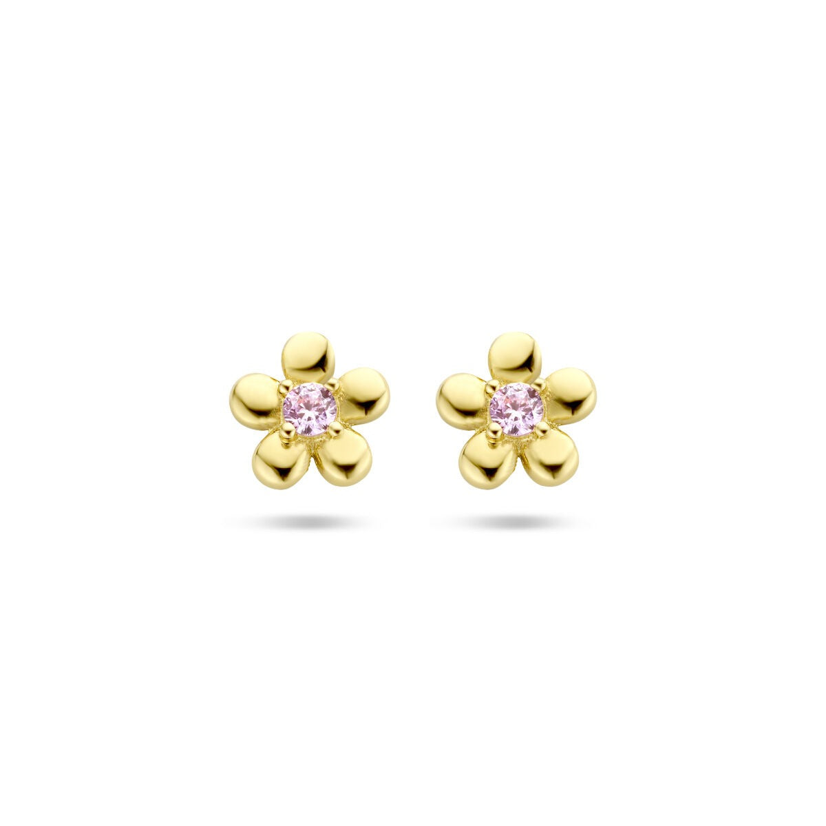 Pendientes de primera puesta en forma de flor de oro amarillo de 14k con zirconia rosa en el centro.