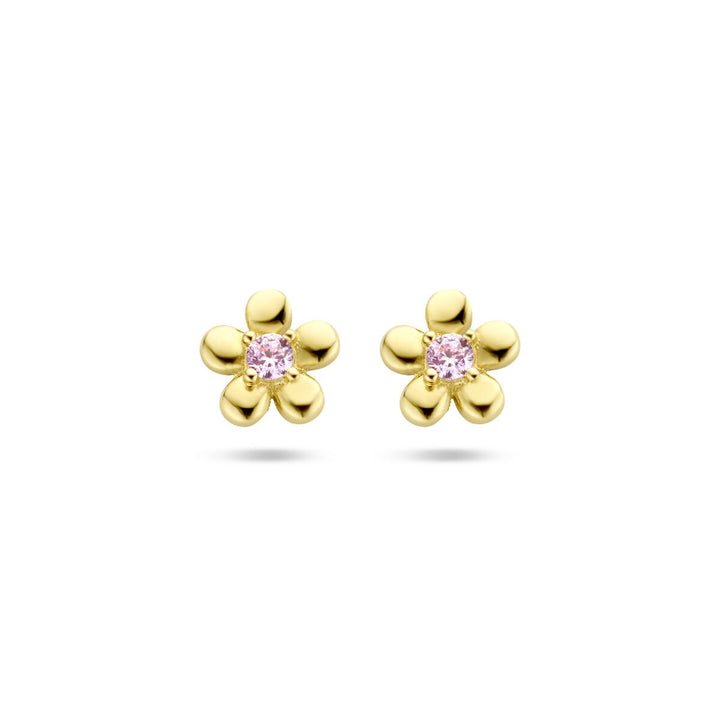 14k Geelgouden kinder oorknoppen bloem met roze zirkonia