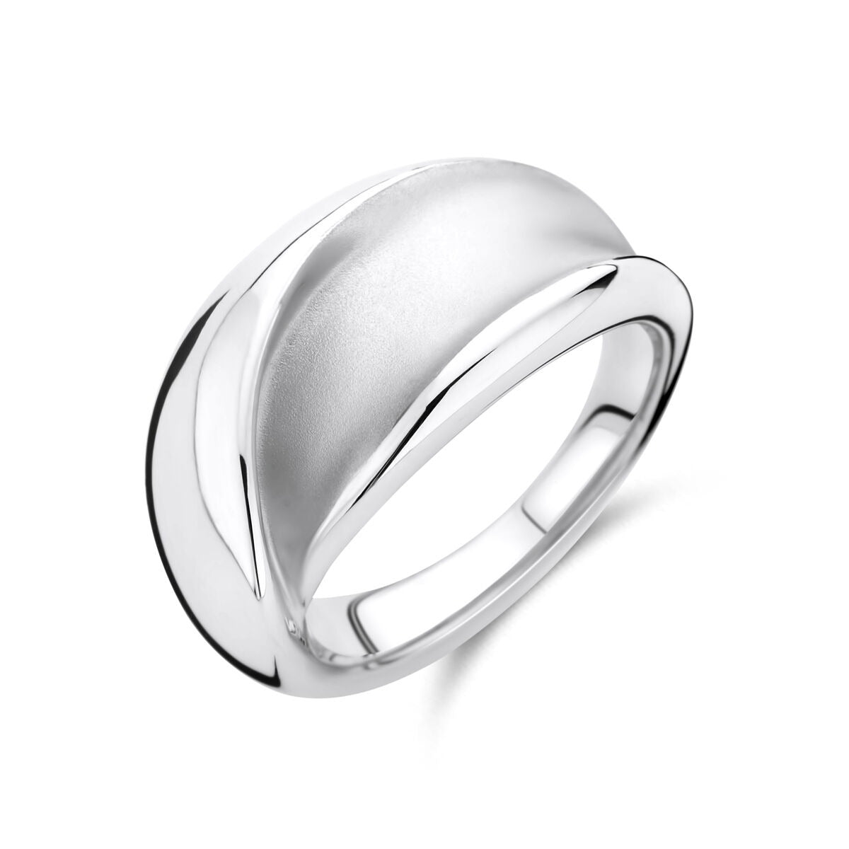 Anillo de plata 925 rodiada con acabado pulido y mate, de diseño moderno y suave.