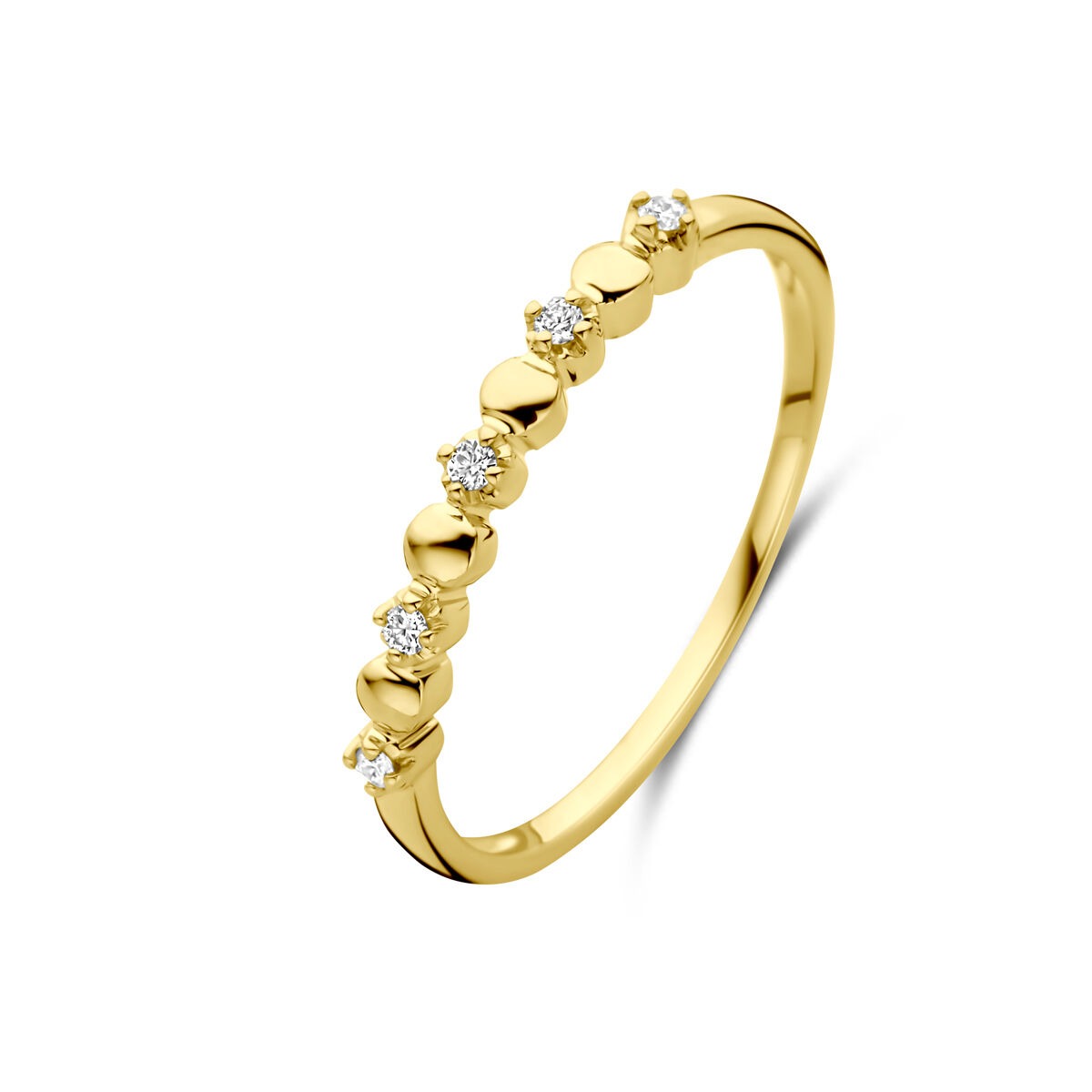 Anillo de dama de oro de 14k con diamantes de 0.05 ct, diseño delgado y brillante.