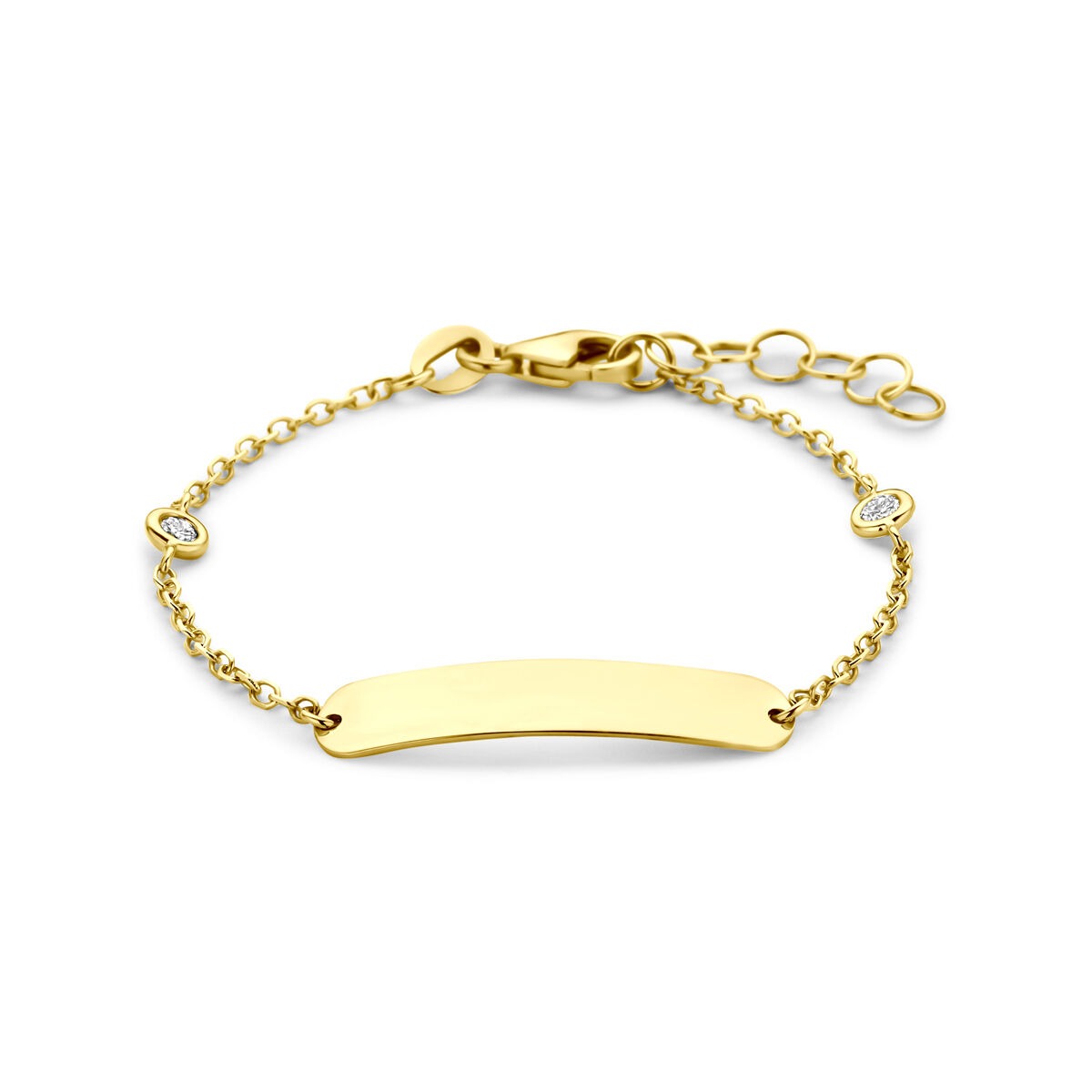 Pulsera de oro amarillo de 14k con placa para grabar y diamantes de laboratorio.