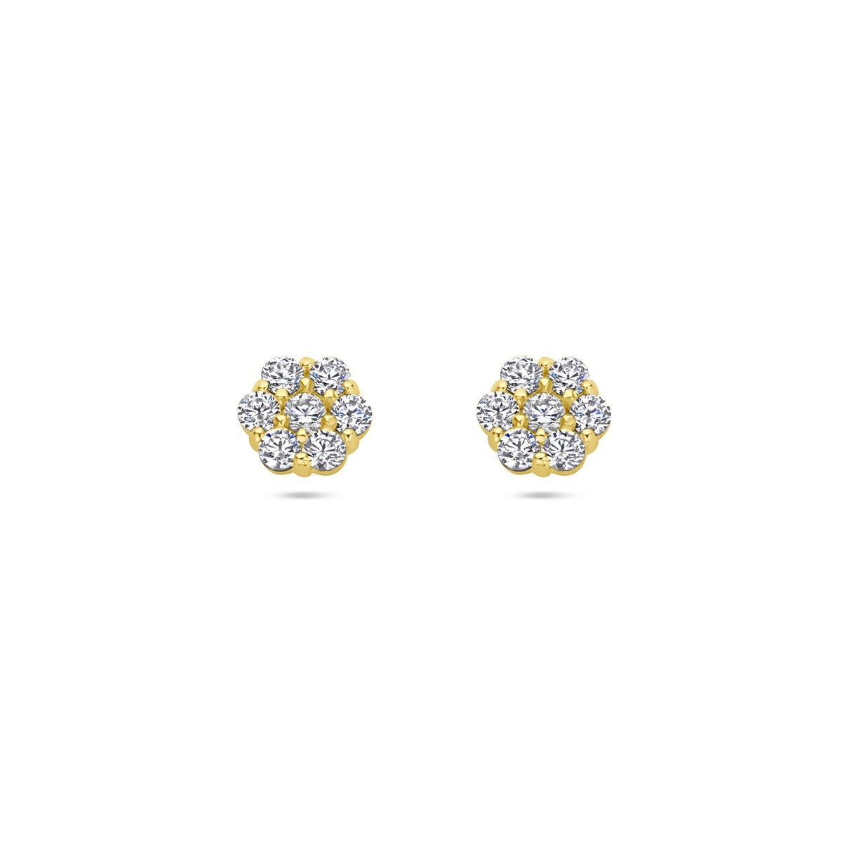 Pendientes de oro amarillo de 14k en forma de flor con circonitas brillantes.