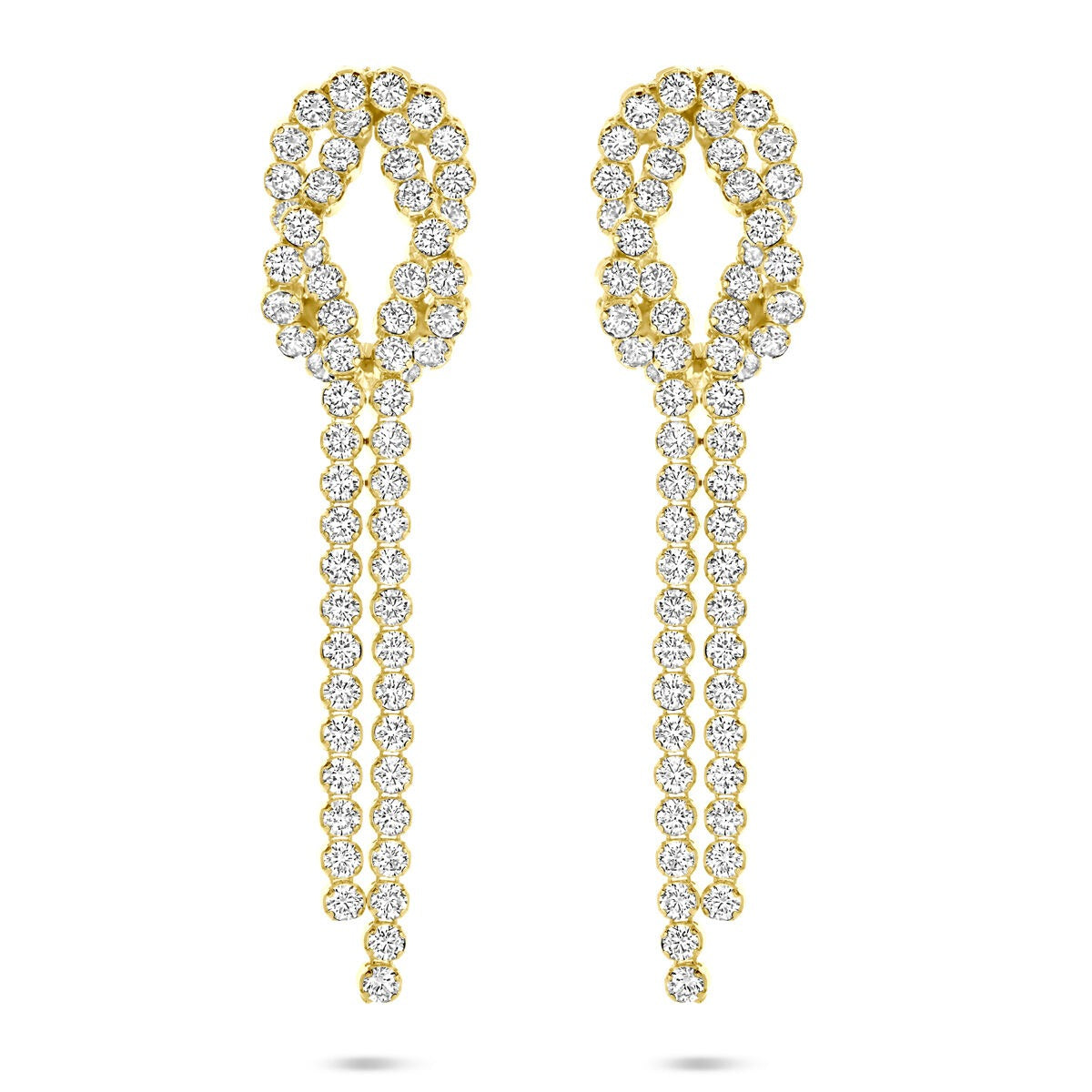 Pendientes largos de plata dorada con circonitas, de 53 mm, con un diseño en forma de óvalo y cadenas colgantes.