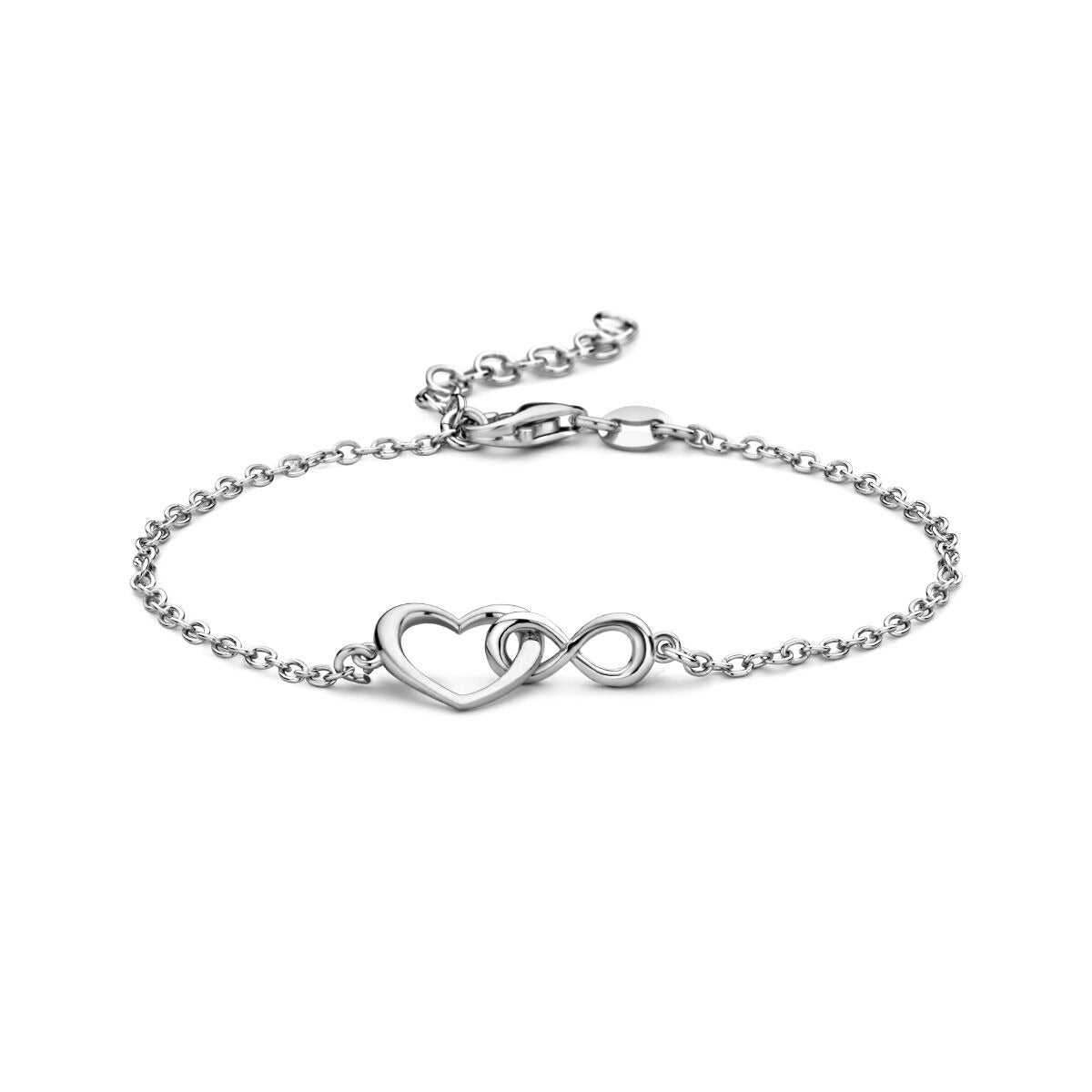 Pulsera de plata 925 rodiada con un corazón y símbolo de infinito.