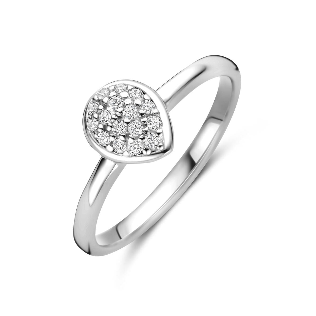 Anillo de dama plateado con diseño de gota, decorado con circonitas brillantes.