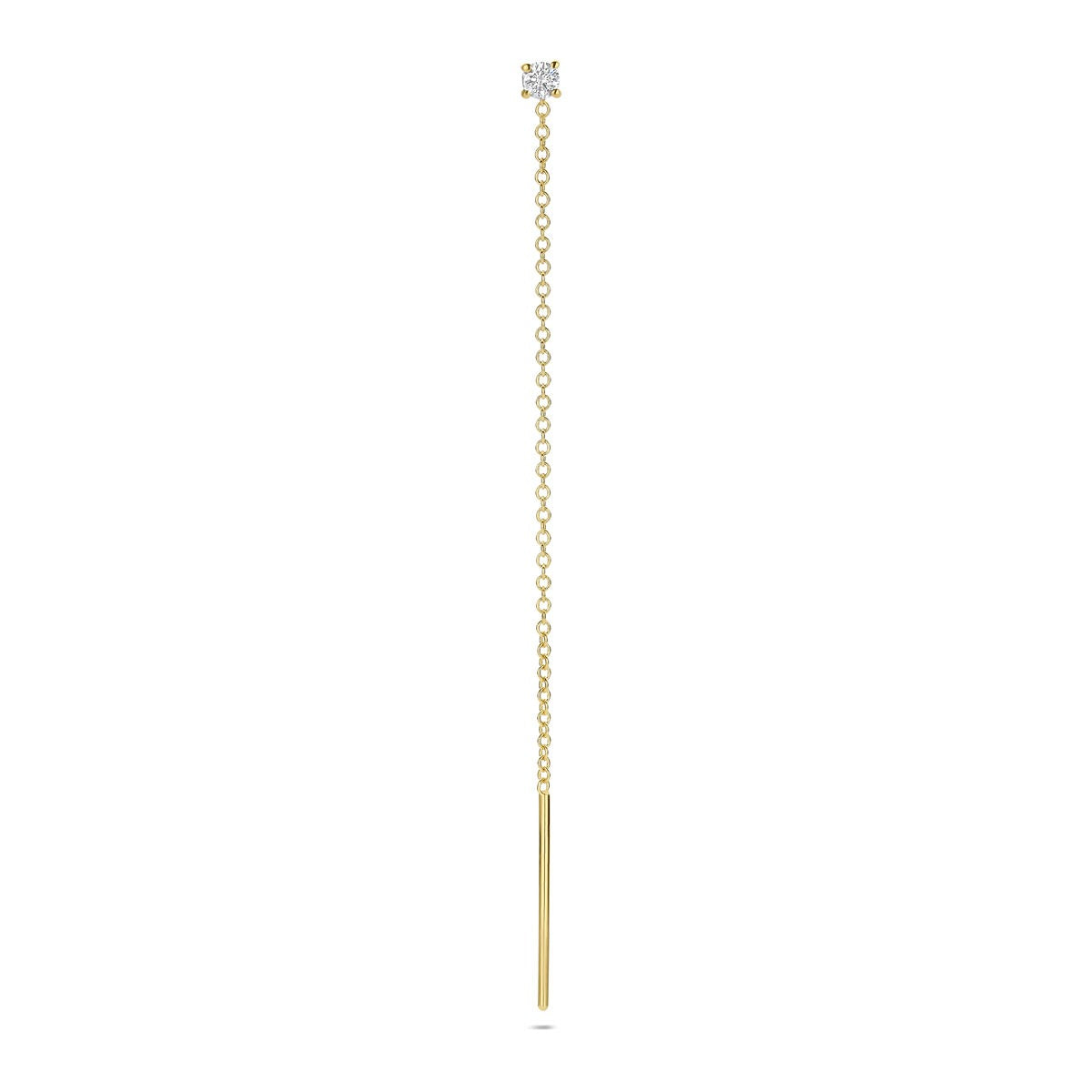 Pendiente largo de oro amarillo de 14k con diamante en la parte superior.