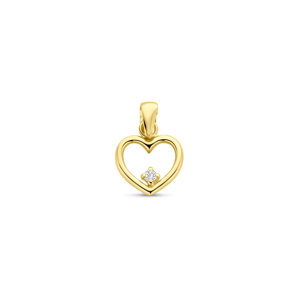Colgante de corazón en oro de 14k con una zirconia en el centro, mide 13 mm.