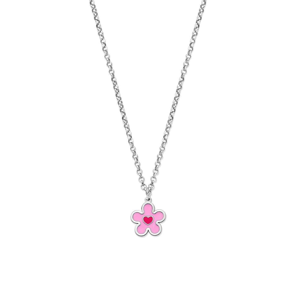 Collar infantil de plata 925 rodiada con colgante en forma de flor rosa y corazón.