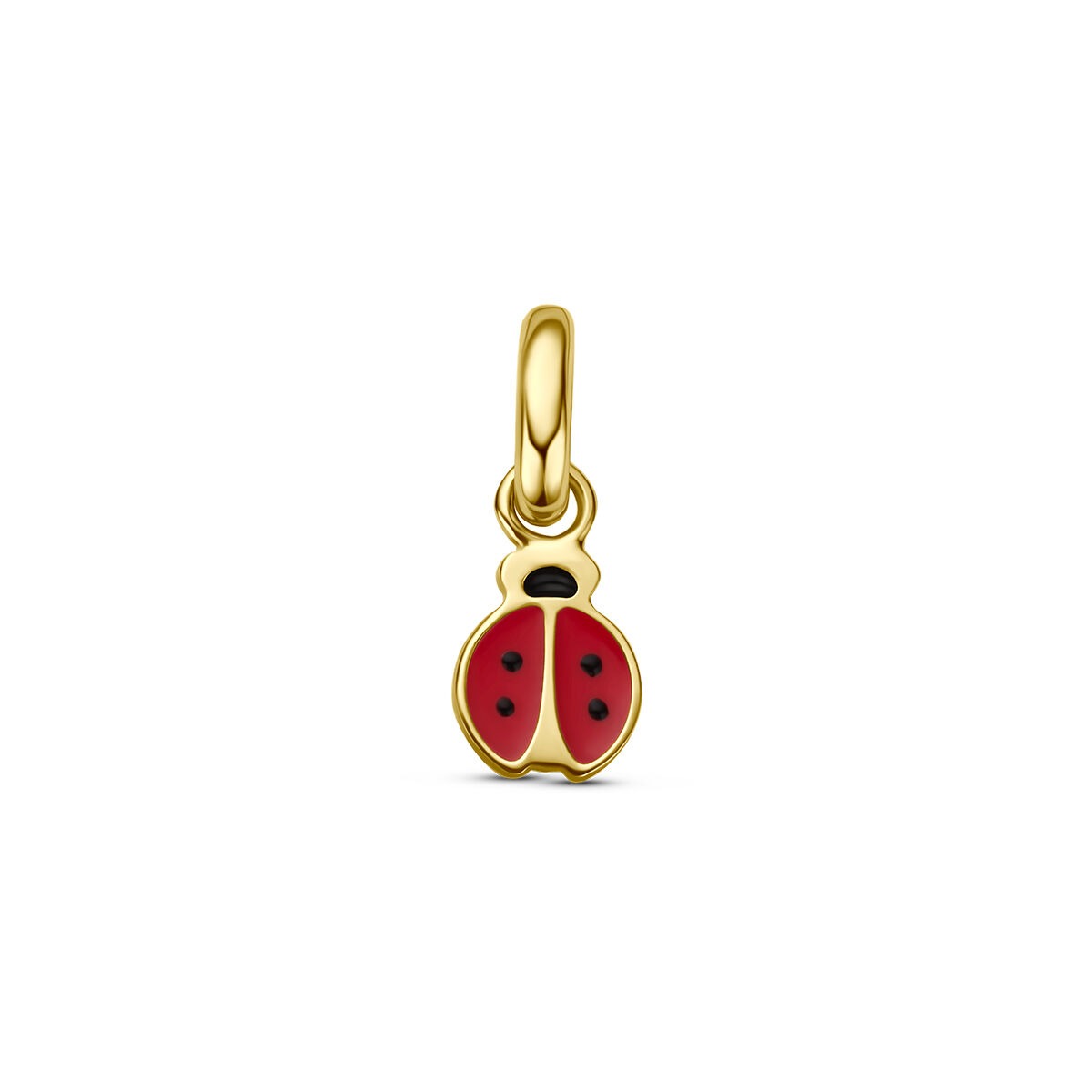 Colgante de mariquita en oro amarillo de 14k con esmalte rojo y negro.