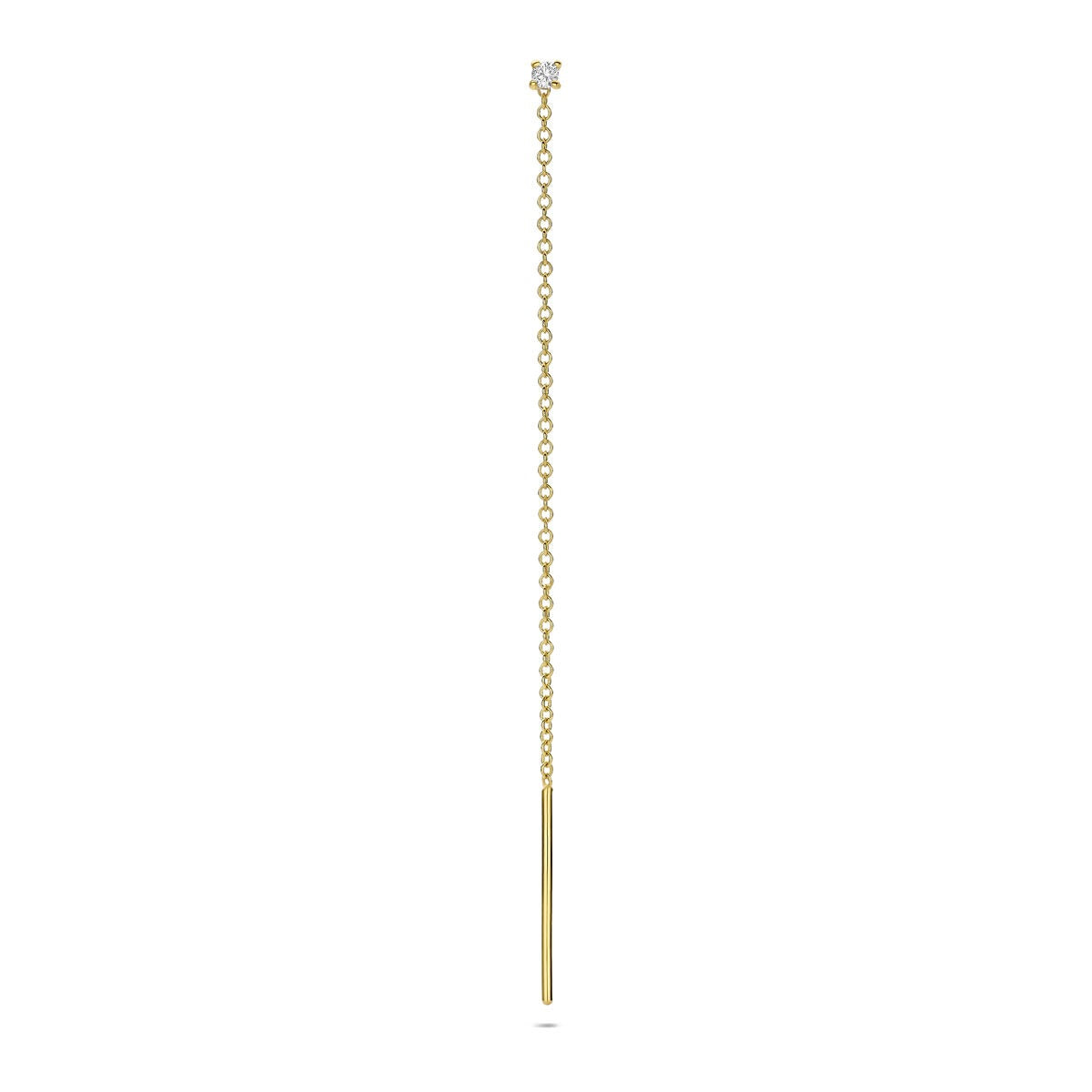 Pendiente largo de oro amarillo de 14k con diamante en la parte superior.