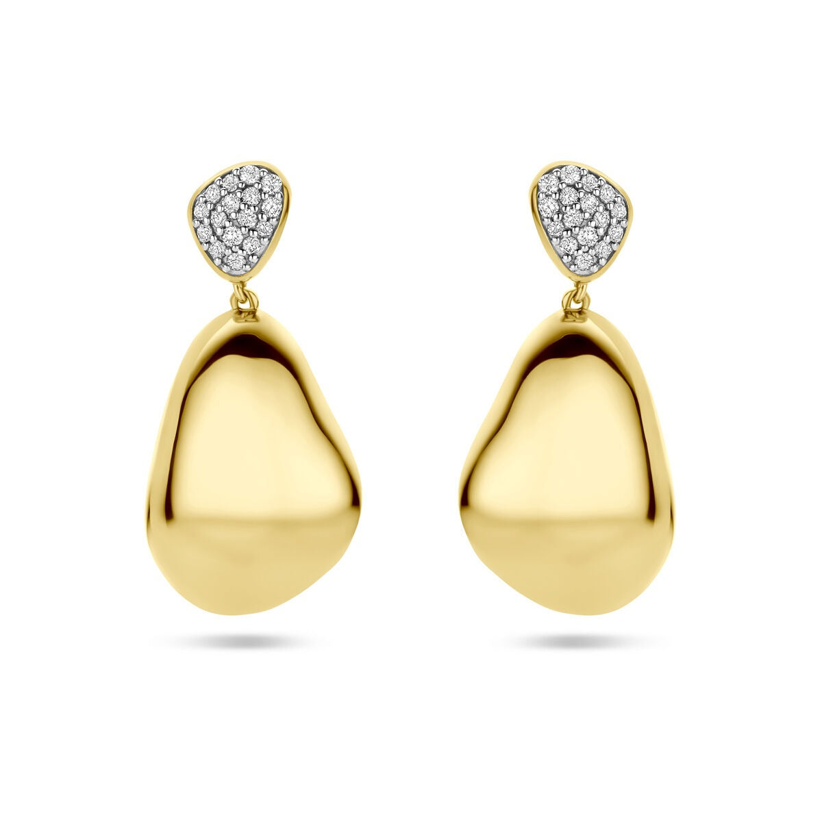 Pendientes de oro amarillo de 14k con diamantes de 0.20ct (2x 0.10ct), forma orgánica y 27 mm.