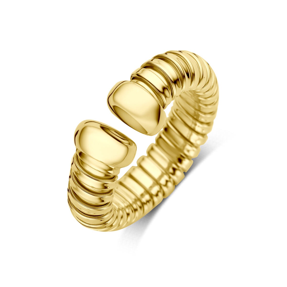 Anillo de dama en oro amarillo de 14k con diseño ondulado y detalles estriados.