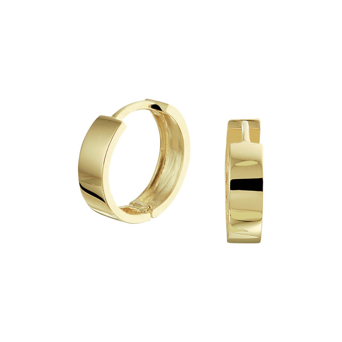 Aros de oro amarillo de 9k, con un diseño refinado y atemporal, superficie pulida y forma circular.