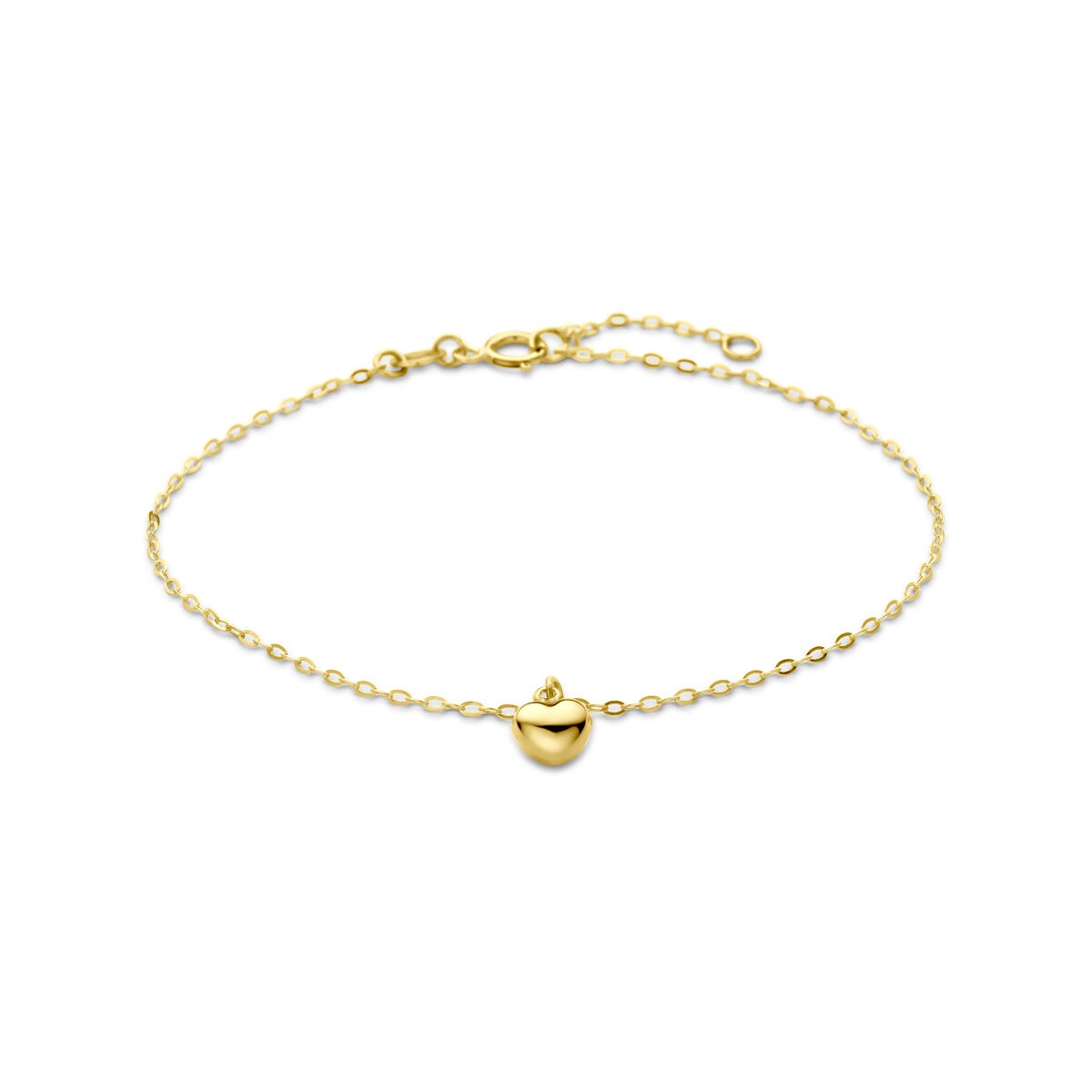 Pulsera de corazón en oro amarillo de 14 quilates con cadena delicada.