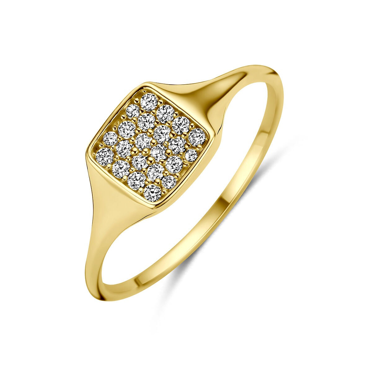 Anillo de oro amarillo de 14k con zircón, forma cuadrada y decorado con piedras brillantes.