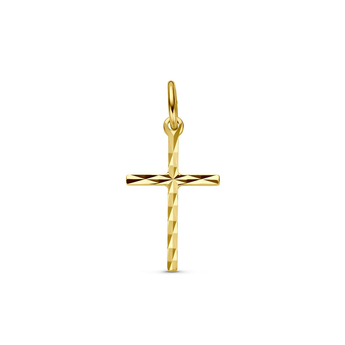 Colgante de cruz en oro amarillo de 9 quilates con un acabado estriado.