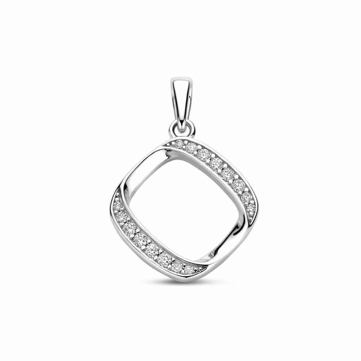 Colgante de plata con circonitas, forma cuadrada y acabado rodiado, mide 23 mm.
