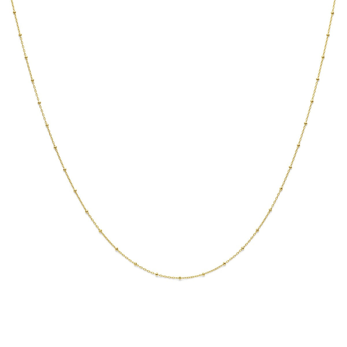 Geelgouden ketting met bolletjes en anker schakels in een verfijnde, delicate stijl.